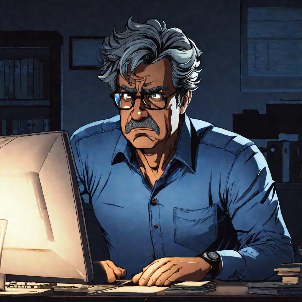 Портрет уставшего мужчины средних лет в очках, сидящего за компьютером поздно ночью в слабо освещенном офисе, с безнадежным выражением лица