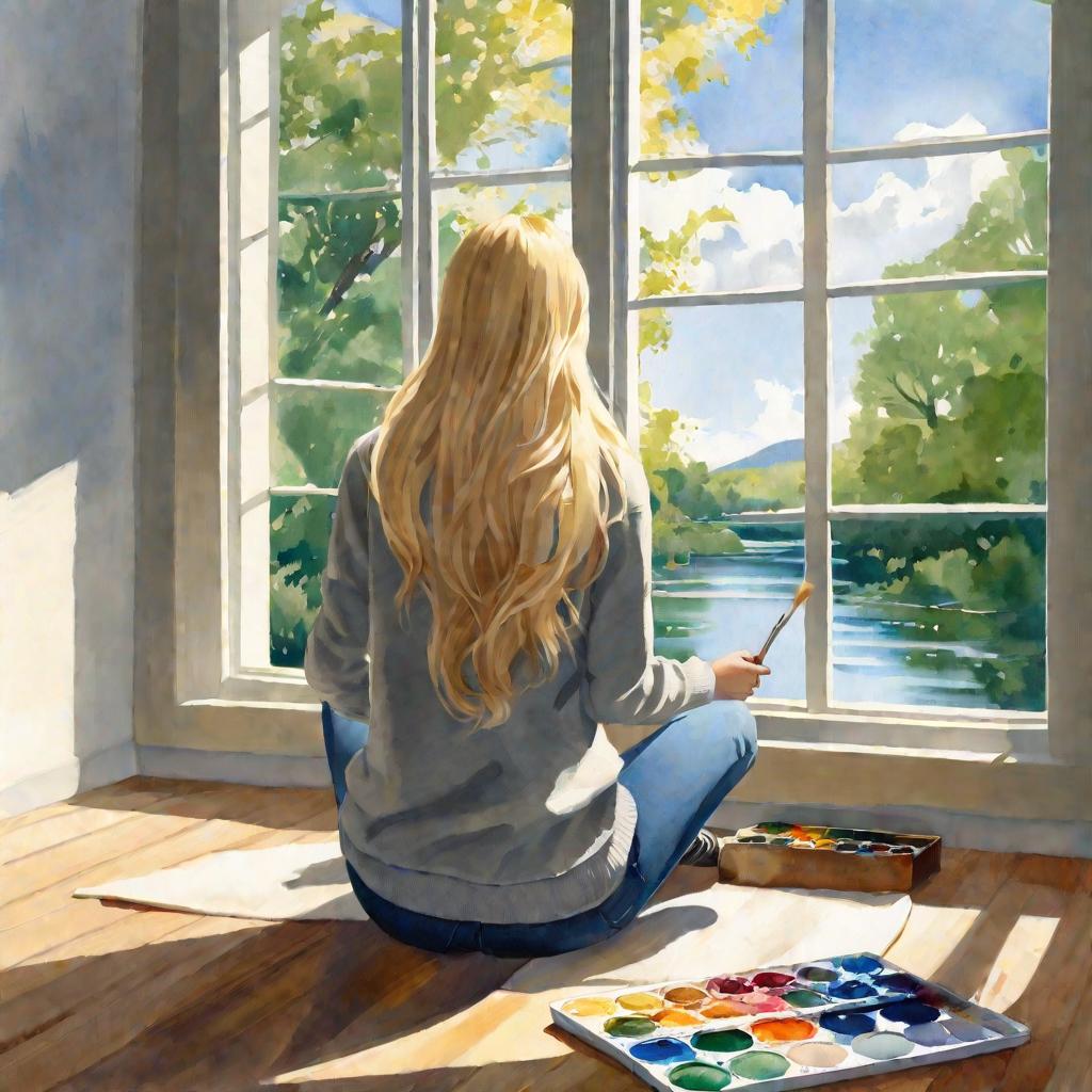 Девушка в джинсах и сером свитере сидит на полу спиной к камере перед окном с солнечным небом и деревьями, держа кисточку и палитру акварельных красок