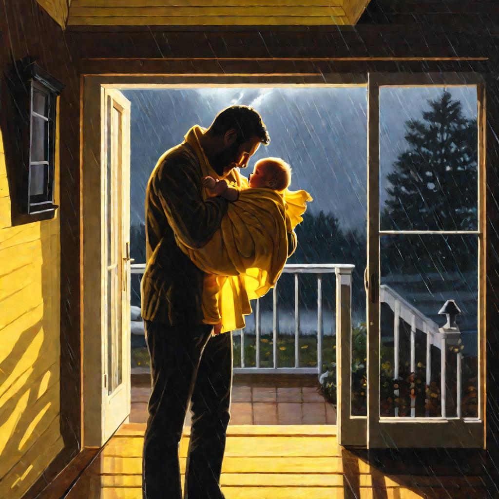Отец утешает плачущего ребенка во время шторма