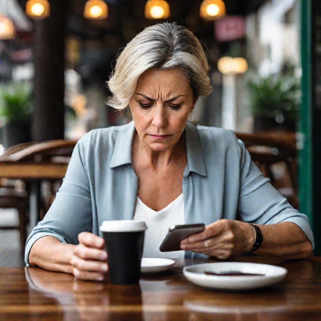 Женщина сидит в кафе, хмуро глядя в телефон