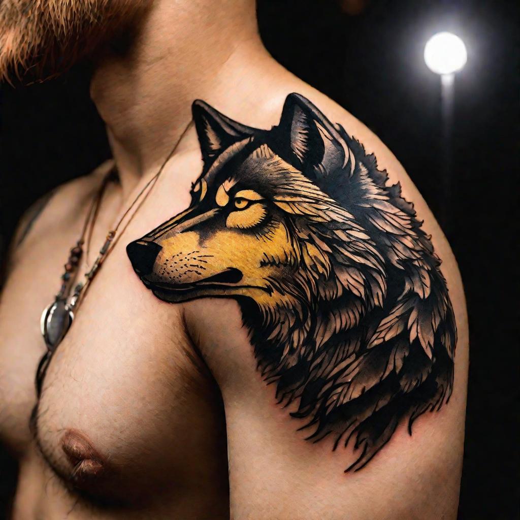 Свежая черно-белая татуировка волка на мужском плече аккуратно освобождается из-под пленки