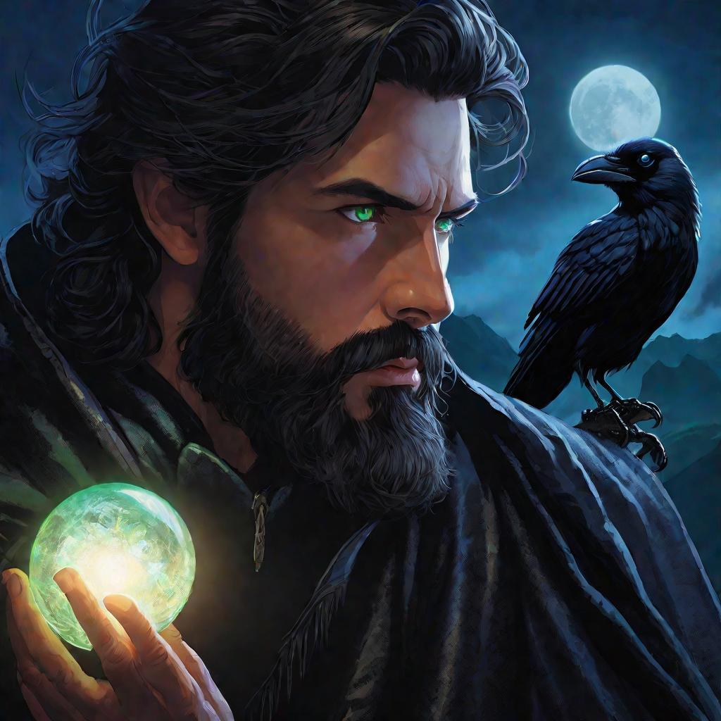 Портрет задумчивого мужчины с вороном, который держит хрустальный шар.