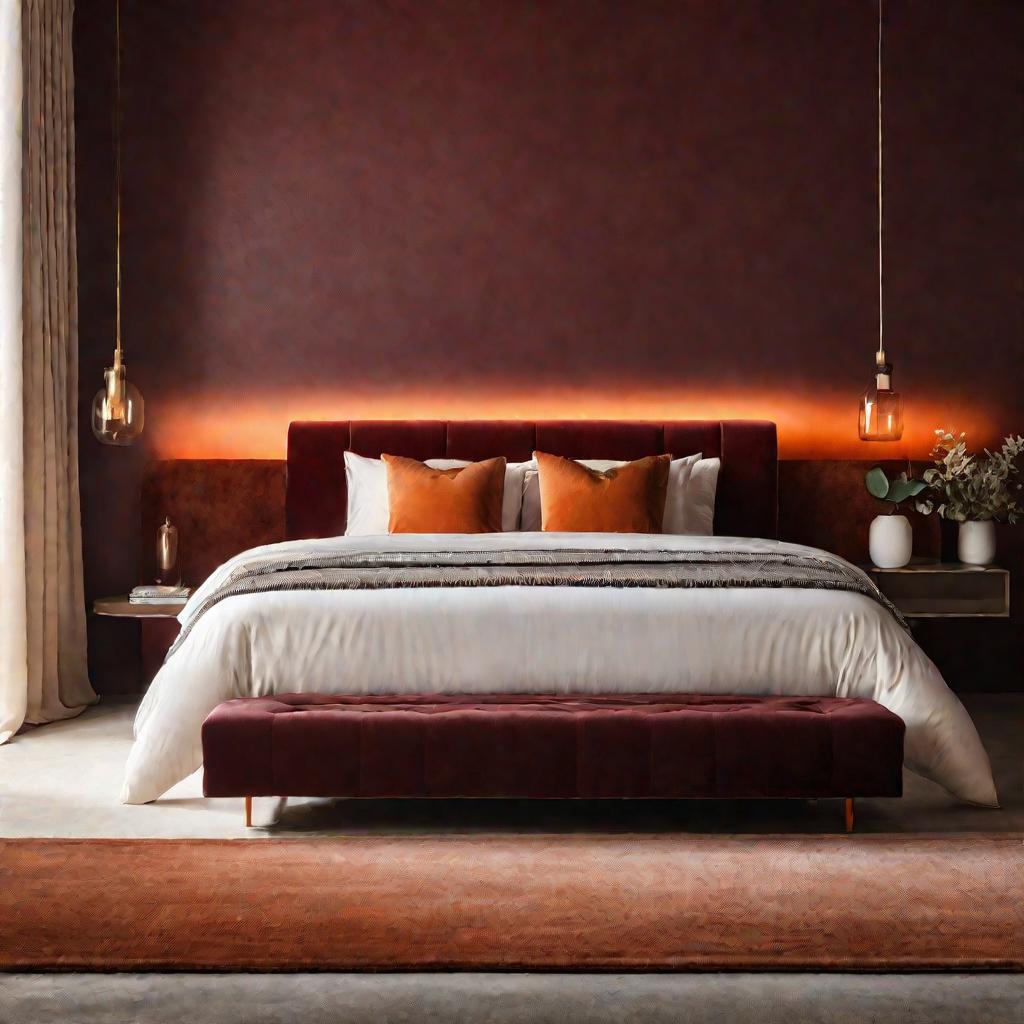 Минималистичная спальня в бордовых тонах на закате с мягким светом на фоне текстурной стены