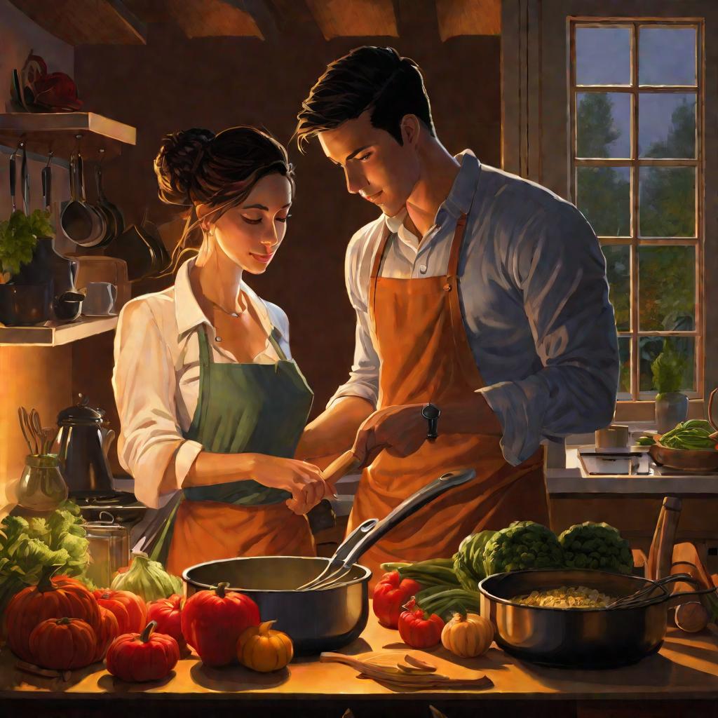 Молодая пара готовит ужин в уютной кухне осенним вечером, несмотря на ранние трудности в отношениях. Они ласково смотрят друг на друга.