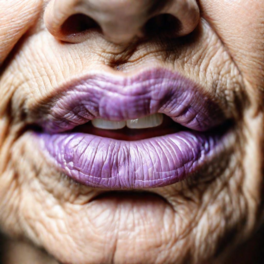 Тонкие пожилые бледно-лиловые губы женщины с глубокимими морщинами вокруг них. Сухие, вялые, тонкие губы пожилой женщины.
