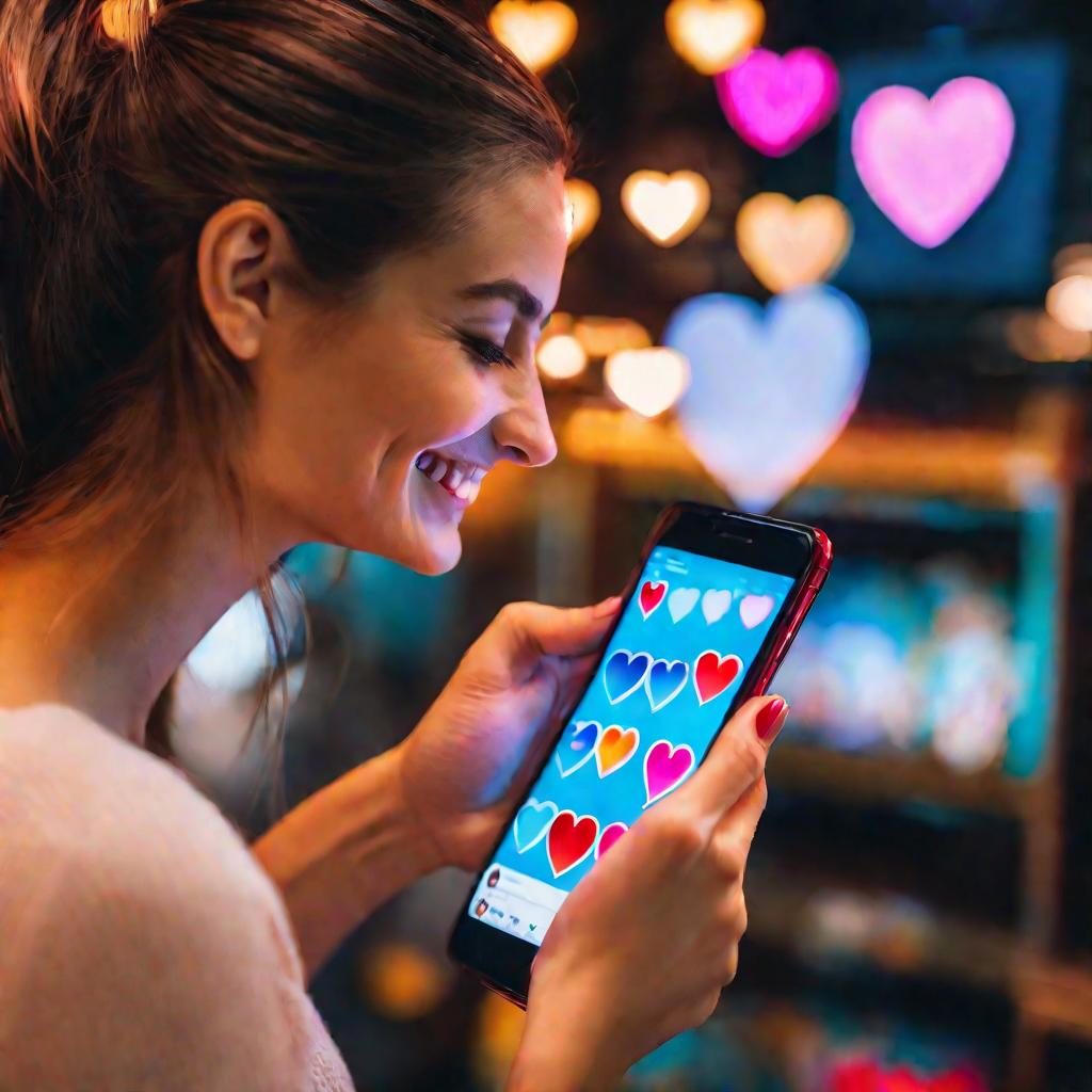 Крупный план женщины в профиль улыбается, выбирая анимированный стикер с сердечком для отправки другу в чате мобильного приложения ВКонтакте на экране ее телефона. Яркие насыщенные цвета светятся радостным воодушевлением.