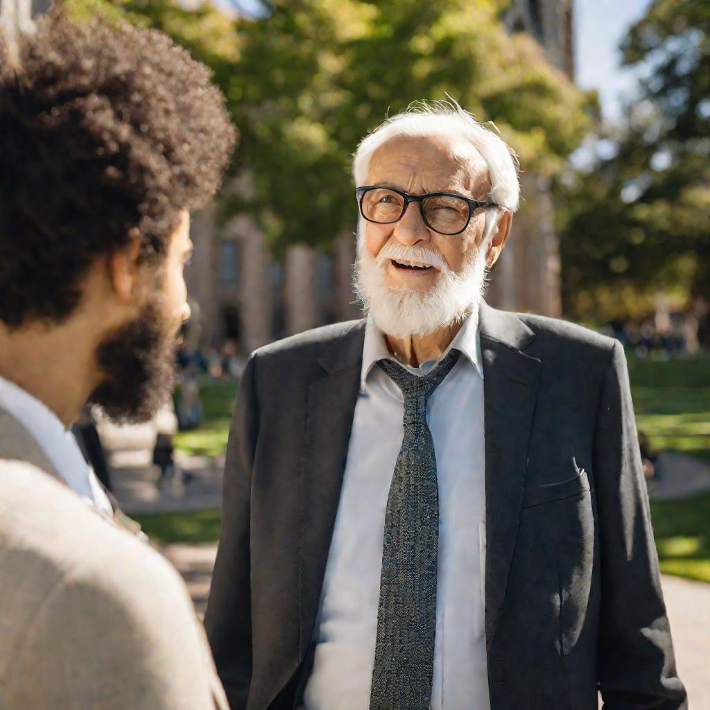 Пожилой мужчина в очках в костюме наставляет внимательного молодого человека на территории университета в солнечный весенний день