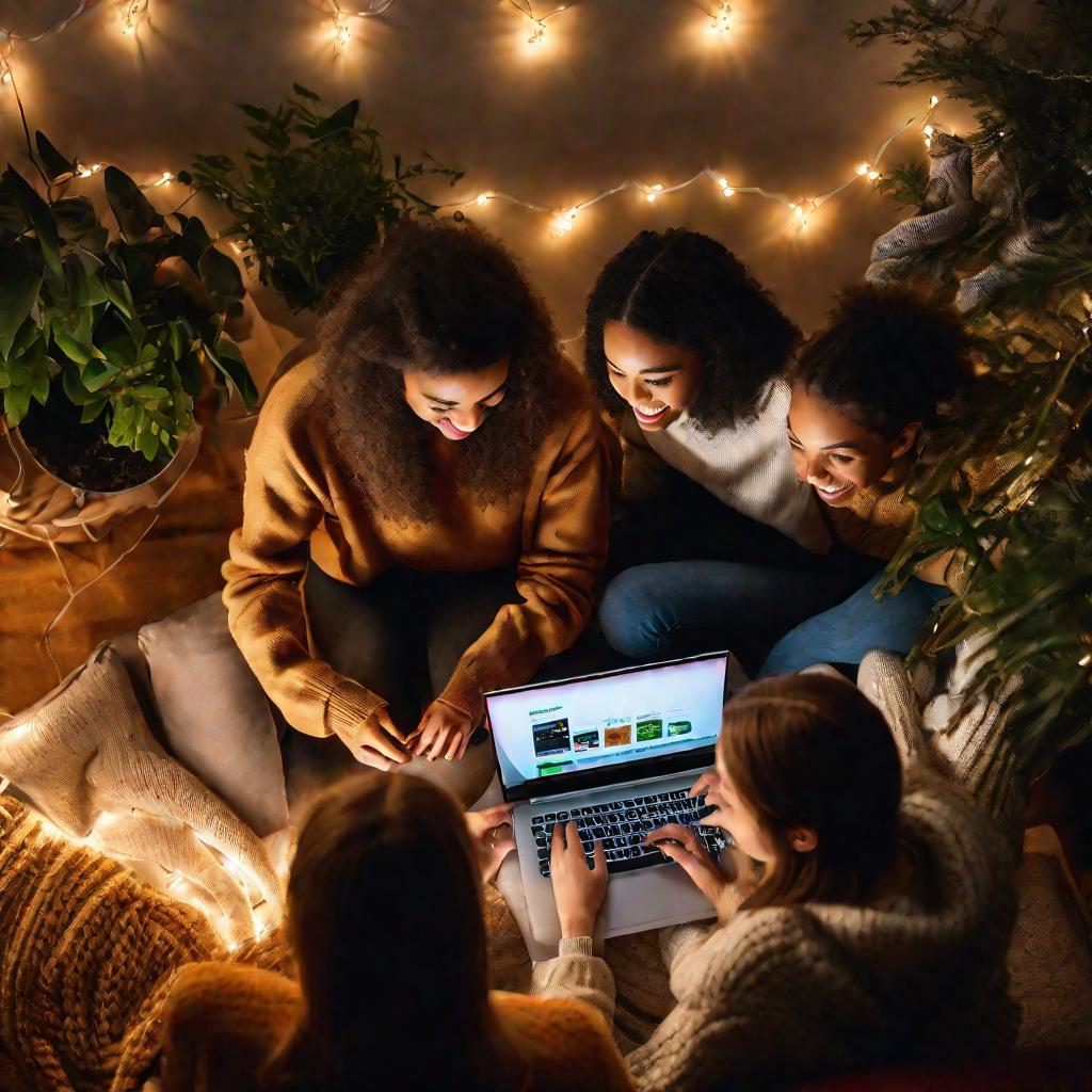 Вид сверху на трех друзей, выбирающих подарки онлайн вечером зимой.