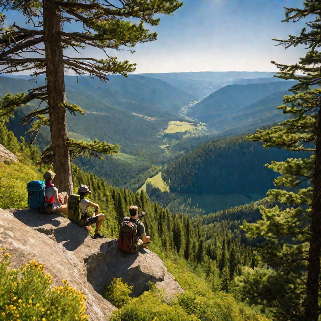 Два путешественника сидят на краю обрыва, глядя на горную долину ясным летним днем. Широкий живописный вид долины с высоты, много вечнозеленых деревьев виднеются в пейзаже. Освещение яркое и насыщенное.