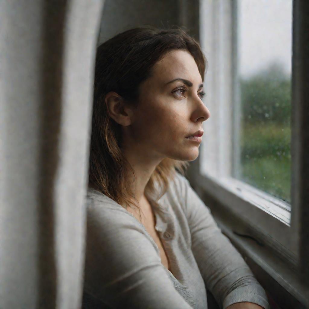 Женщина лет 30 сидит на подоконнике и смотрит в окно задумчиво после предательства друга