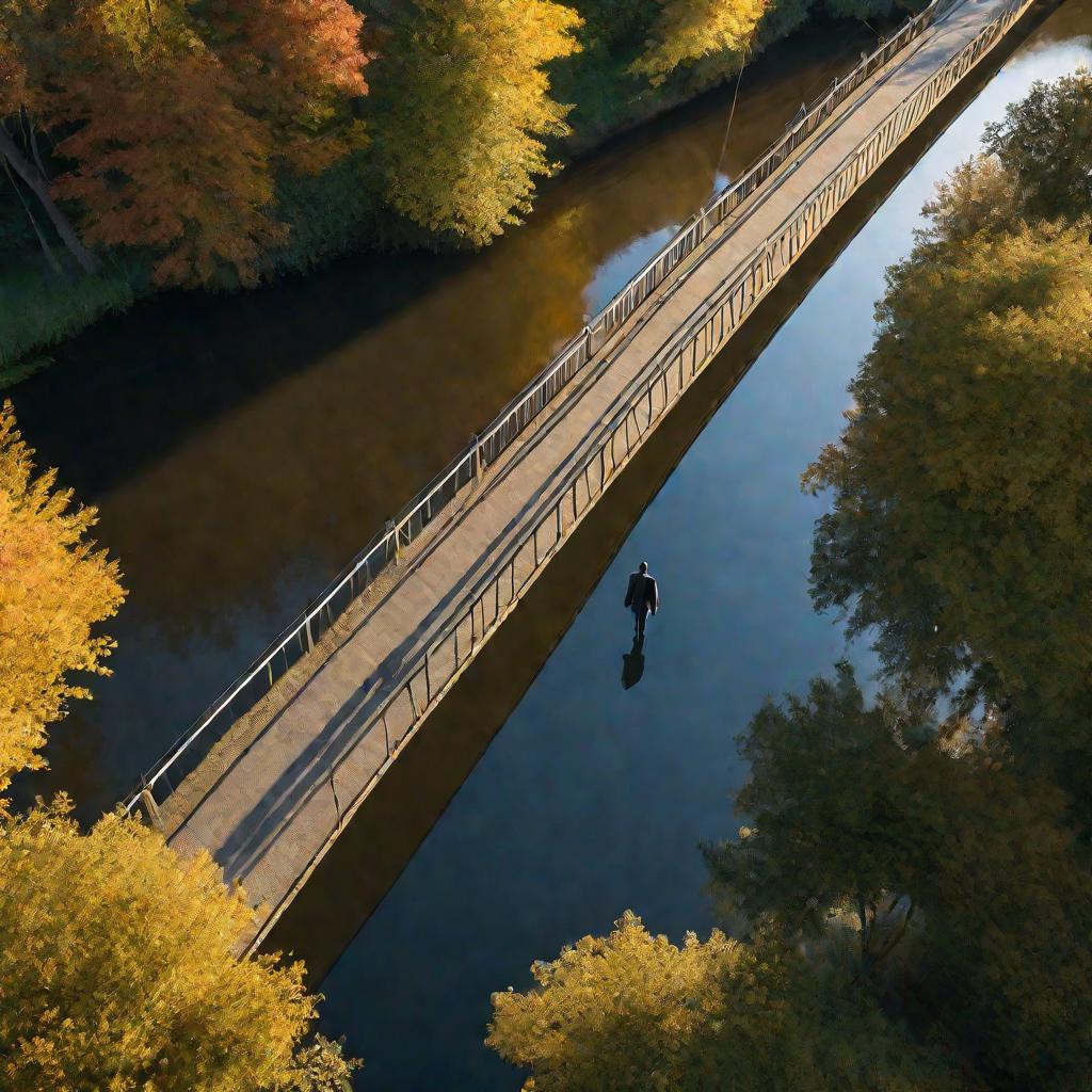 Мужчина идет по мосту через реку в начале осени после того, как его предал друг