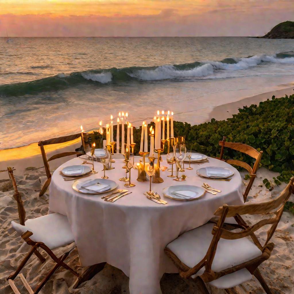 Романтический ужин при свечах на пляже на закате