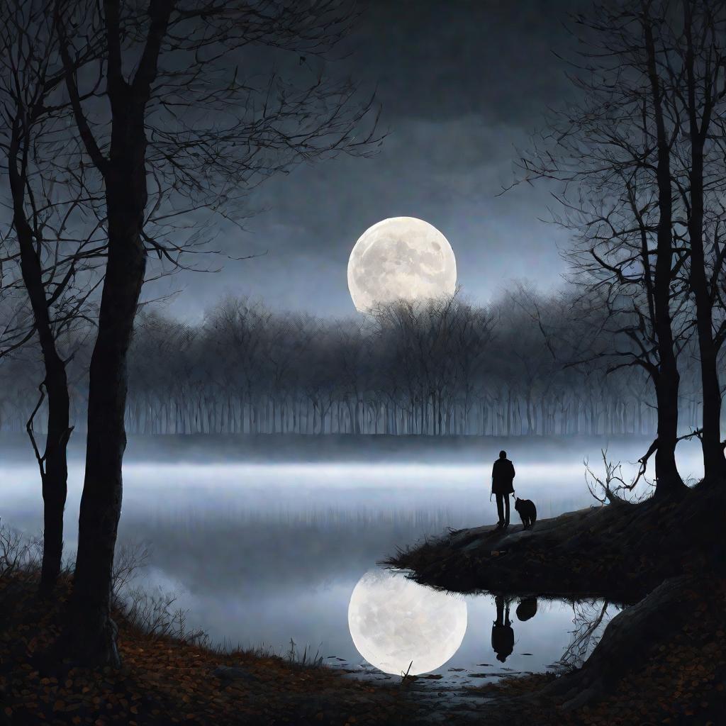 Одинокий мужчина грустит о потерянной любви на фоне туманного осеннего пейзажа с озером
