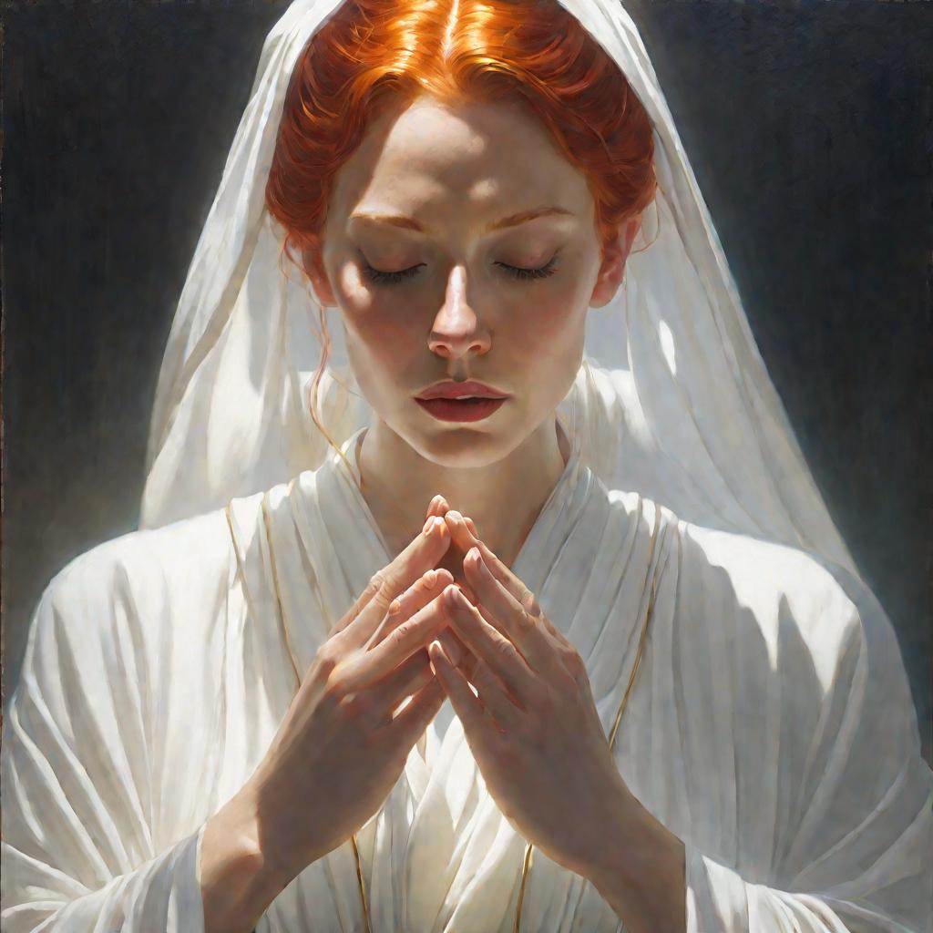 Женщина молится с закрытыми глазами, излучая белый свет