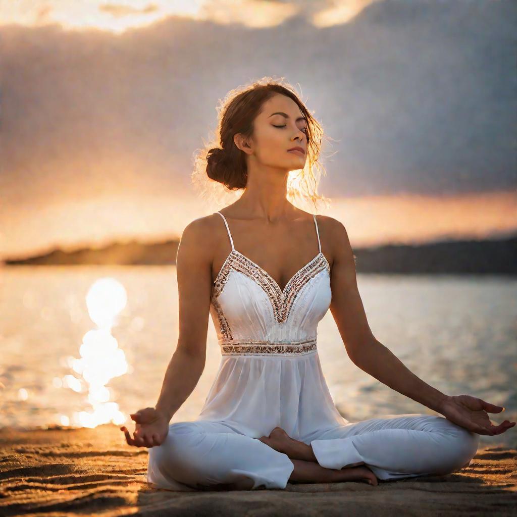 Женщина медитирует на закате над морем