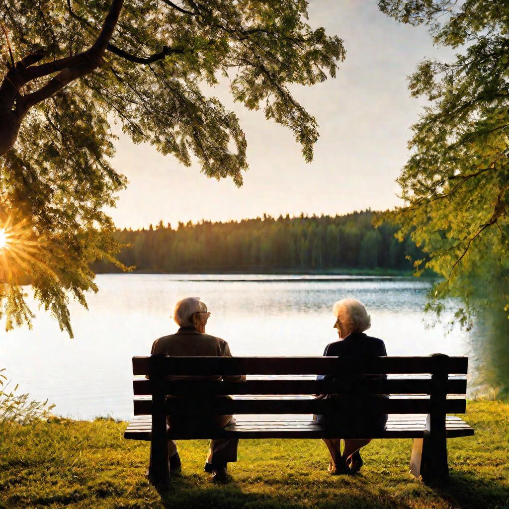 Старая счастливая пара держится за руки на скамейке у озера