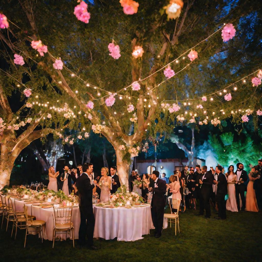 Свадебный банкет под деревьями, гости хлопают молодоженам, на столах подарки и денежные деревья