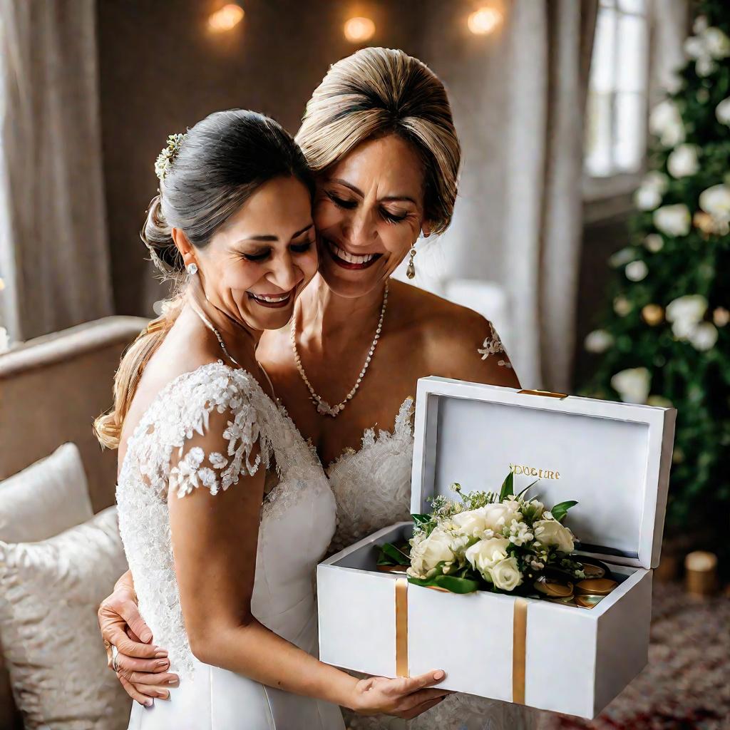 Мама в слезах обнимает невесту в платье, дарит денежный подарок в украшенной коробке