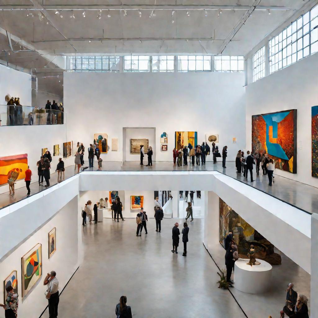 Вид сверху на открытие художественной выставки в современной галерее.