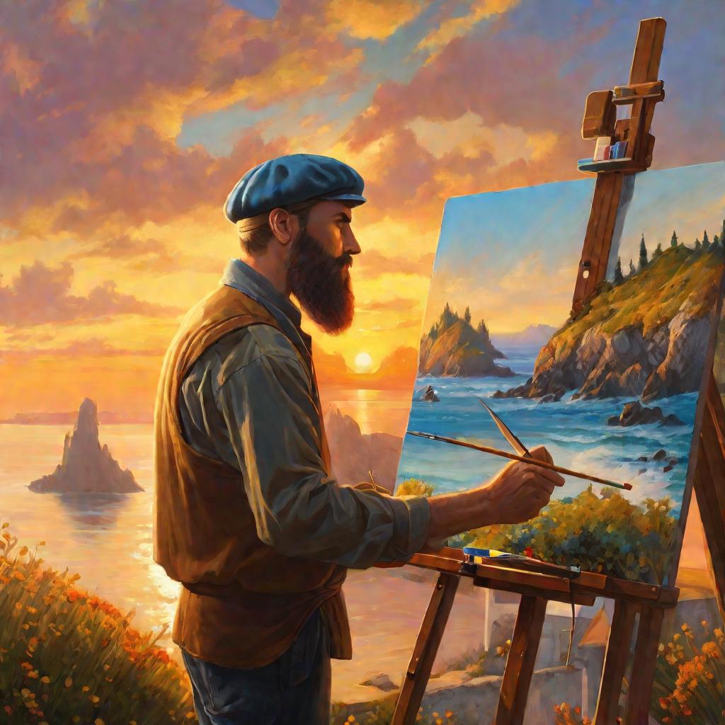 Портрет художника за мольбертом на фоне морского пейзажа в золотых лучах заката.