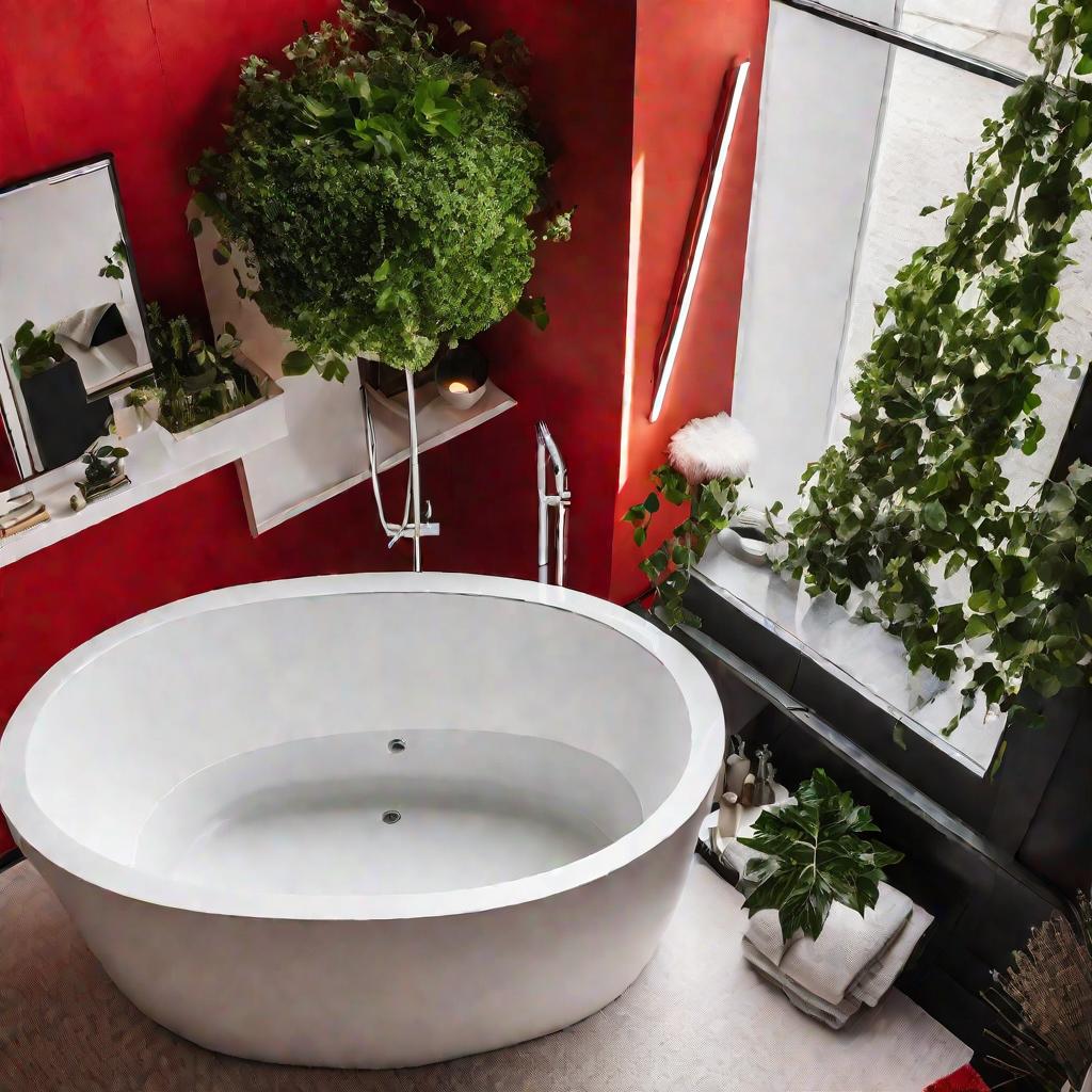 Вид сверху на ванну в ванной комнате с ярко красной стеной