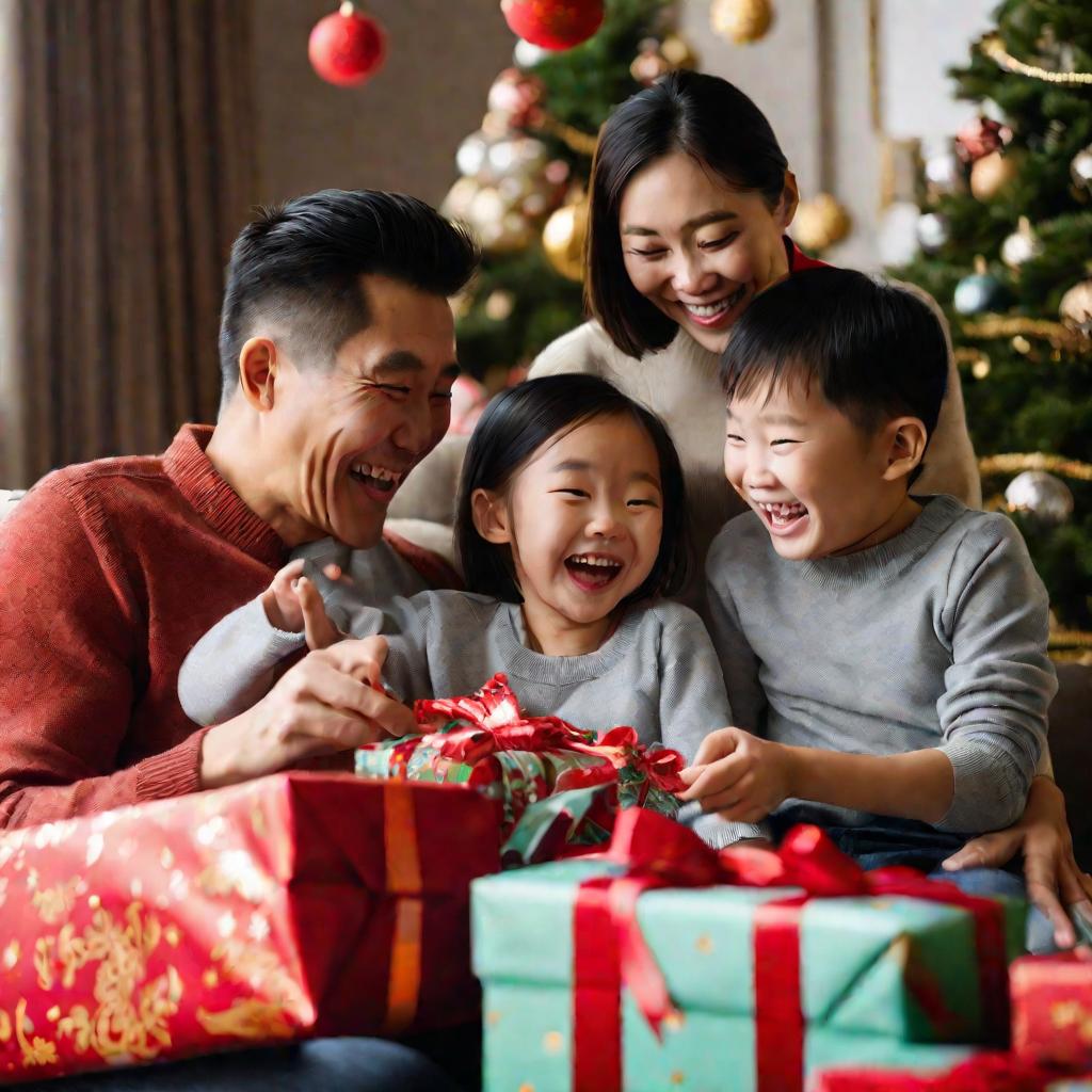 Китайская семья открывает подарки на Рождество