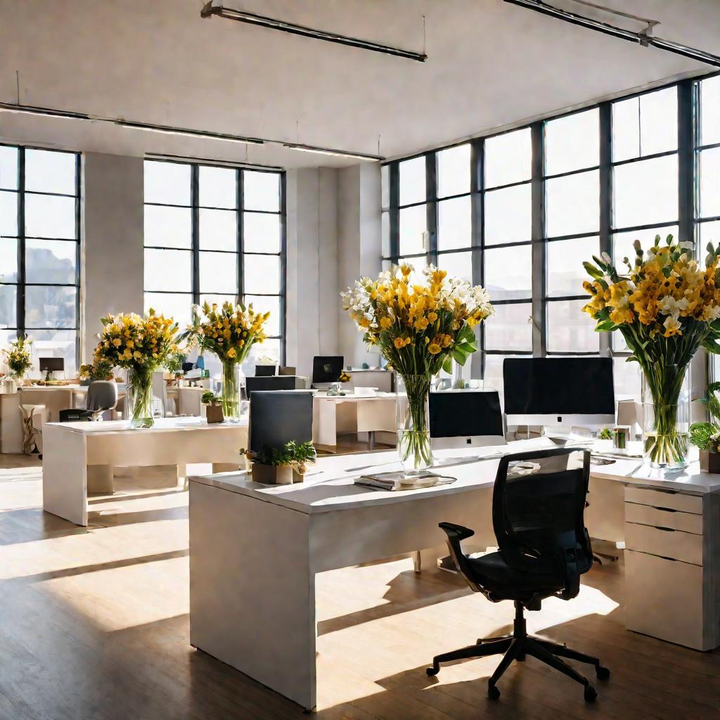 Просторный светлый офис с 4 сотрудниками за столами, цветы и подарки на столе к празднику