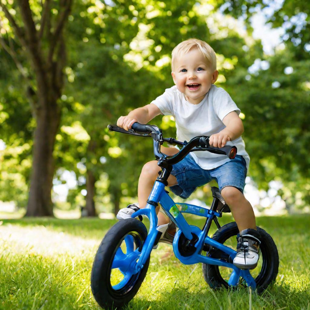 Мальчик катается на новом велосипеде, подаренном родителями на день рождения