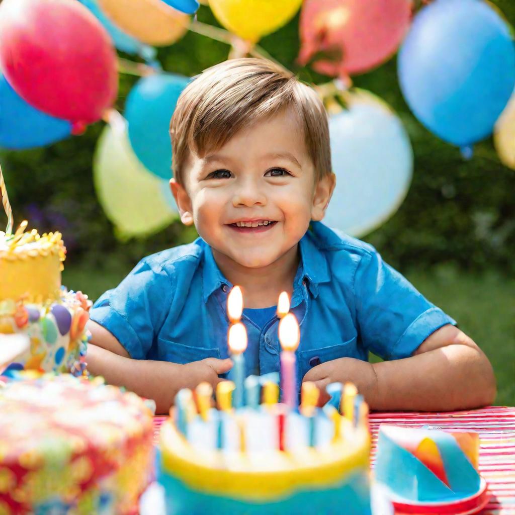 Улыбающийся именинник за столом с праздничным тортом и воздушными шарами