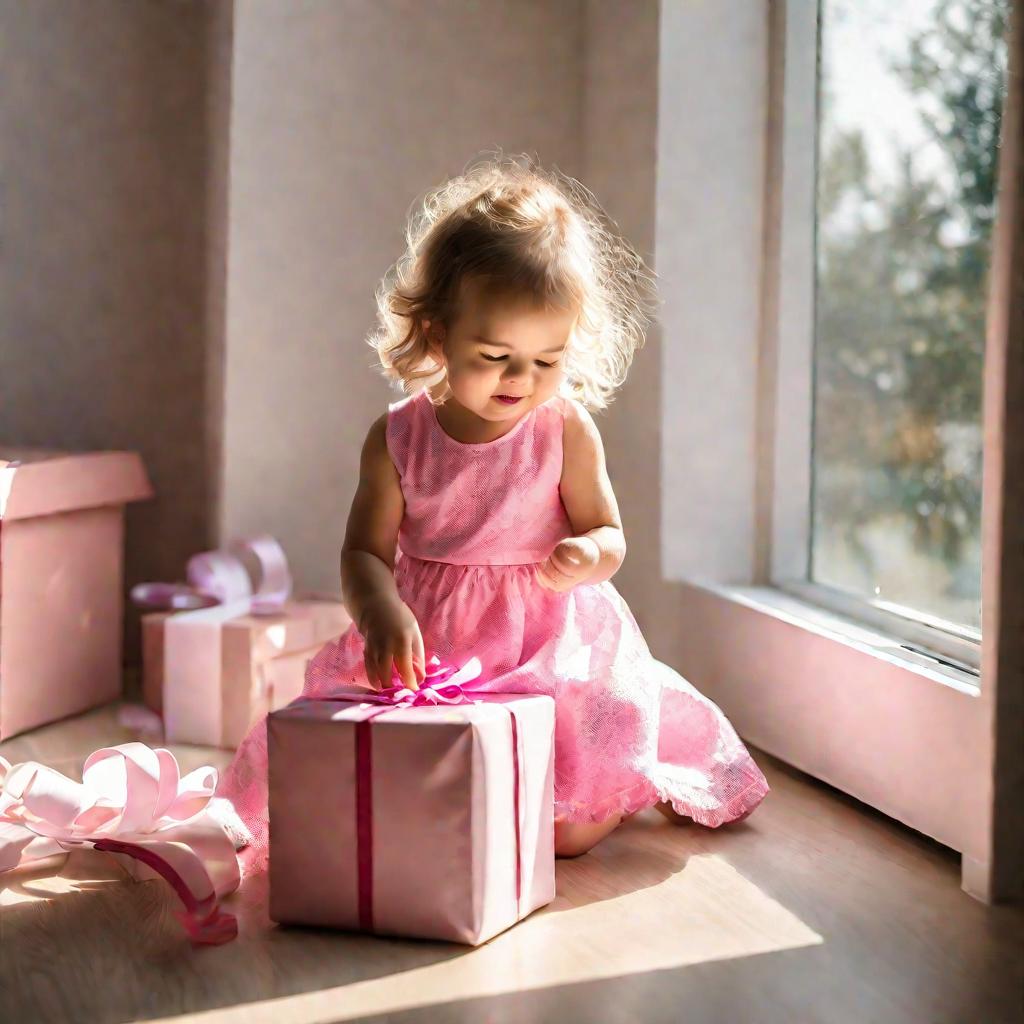 Девочка распаковывает подарок, на ее лице радостное возбуждение.
