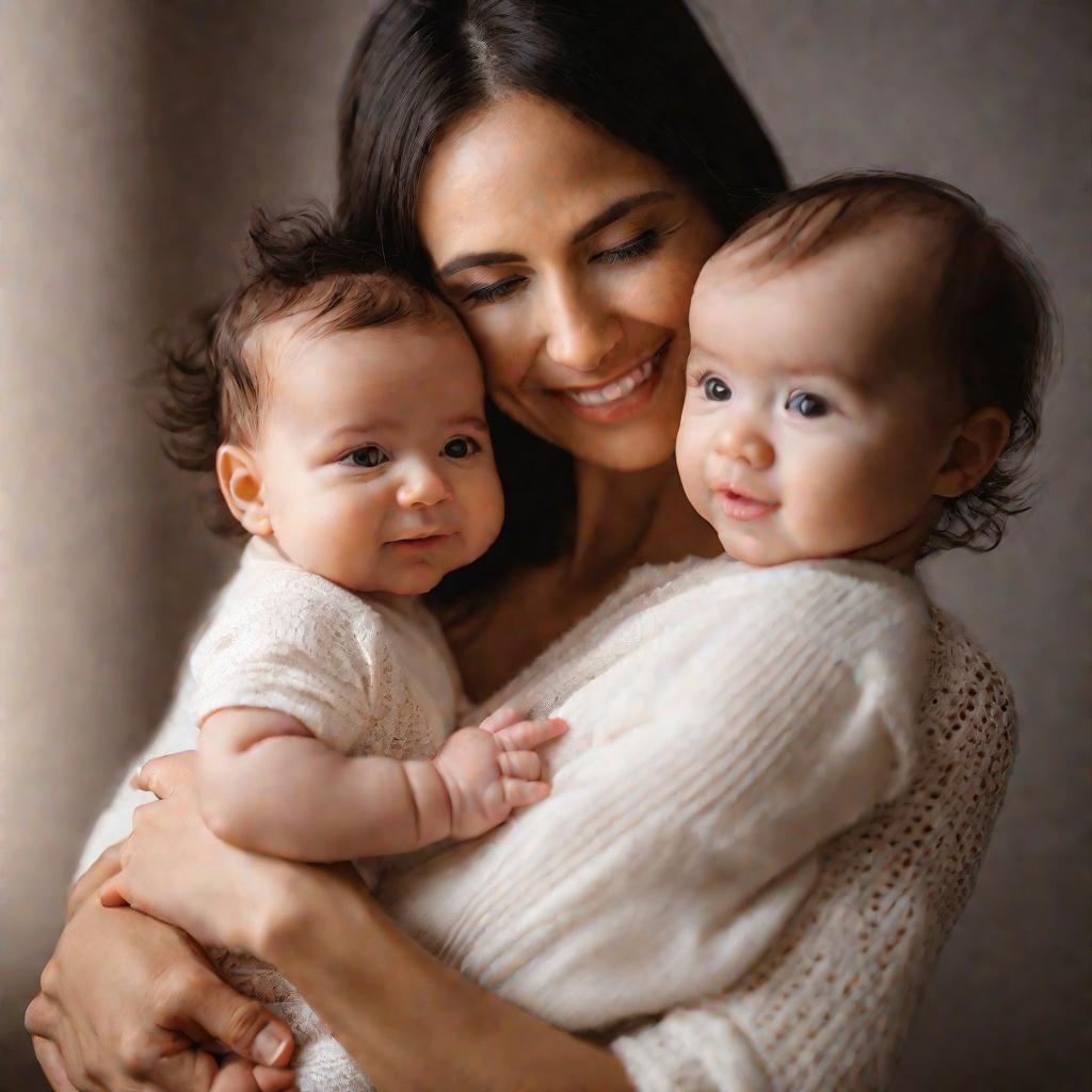 Портрет молодой мамы, нежно обнимающей своего ребенка