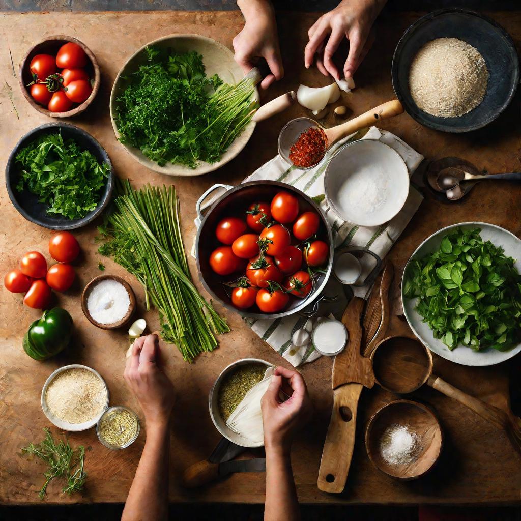 Руки готовят вкусный домашний ужин с использованием разных ингредиентов и кухонных принадлежностей