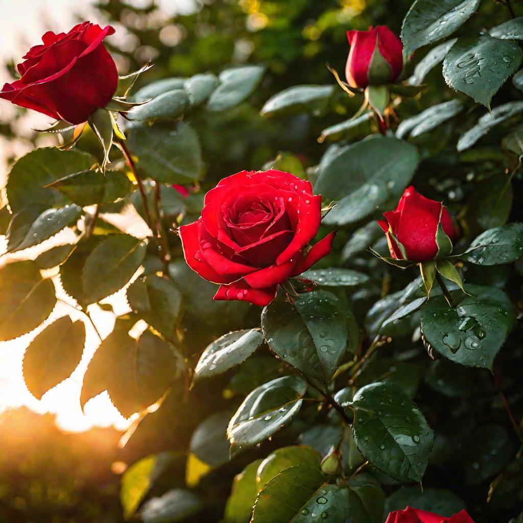 Куст красных роз на золотом закатном солнце