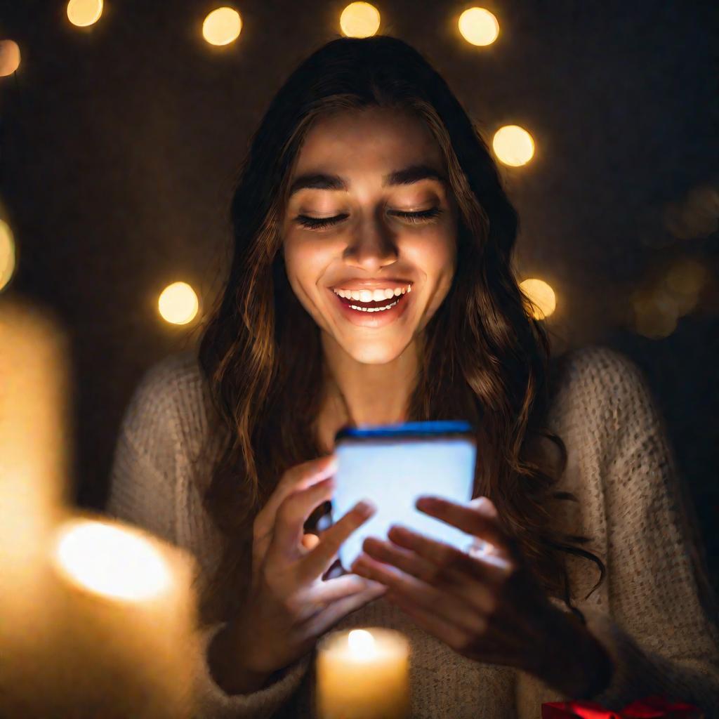 Девушка радостно смотрит на экран телефона после получения подарка от друга