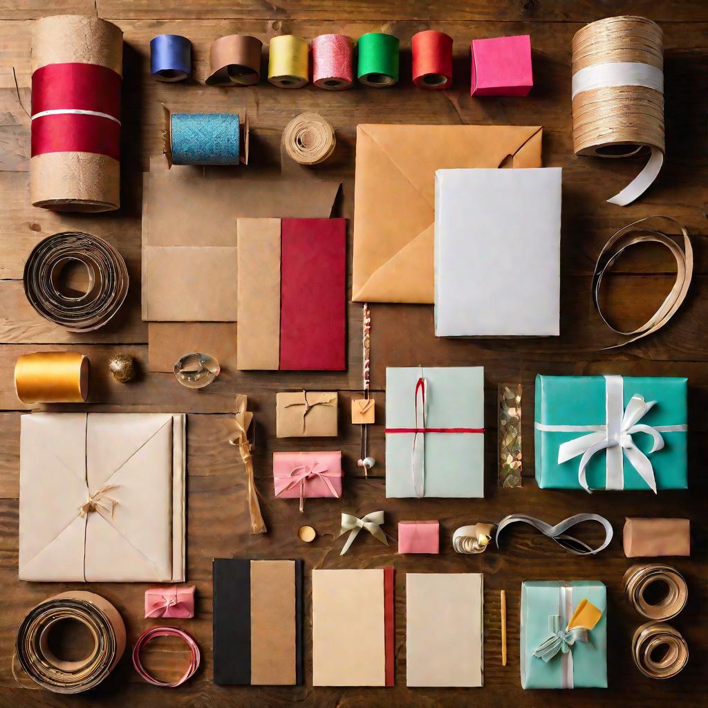 Различные материалы для творчества и готовые самодельные подарки аккуратно разложены на деревянном столе