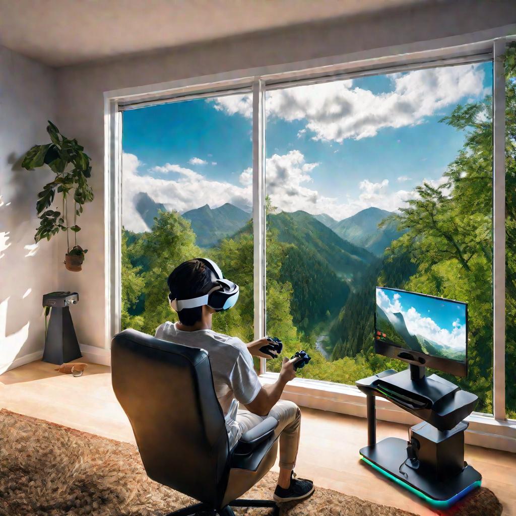 Человек в шлеме виртуальной реальности играет дома