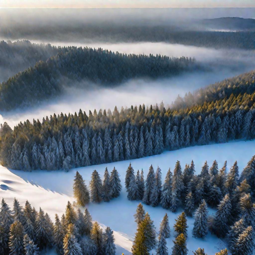 Зимний рассвет в сосновом лесу.