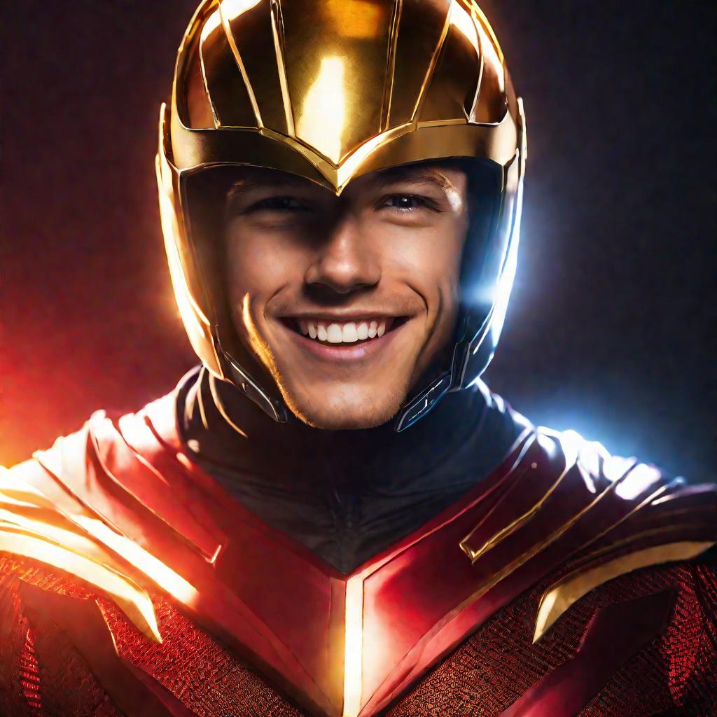 Портрет парня в красно-золотом шлеме с подсветкой