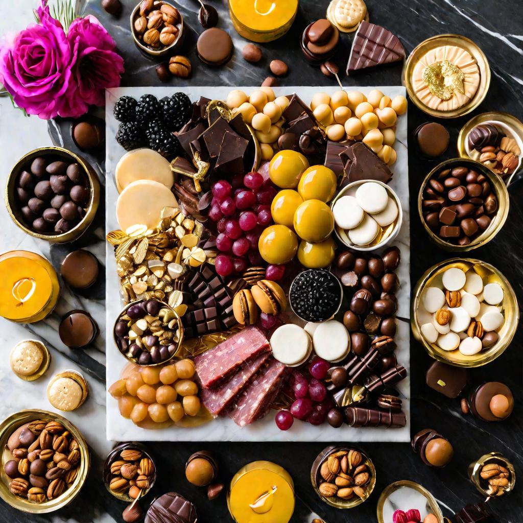 Красивая доска с разнообразными сладостями, фруктами и шоколадом в качестве подарка на 50-летний юбилей