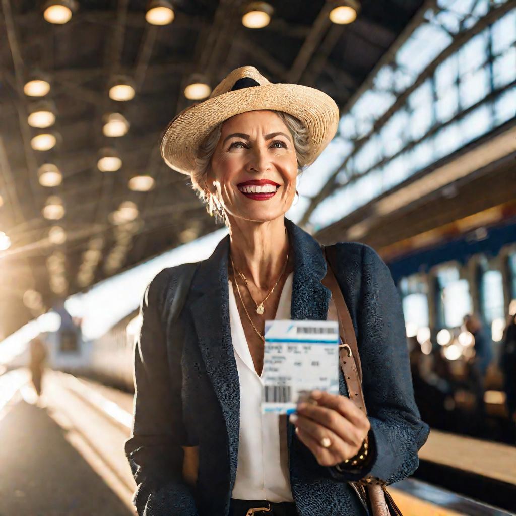 Женщина держит авиабилет и готовится к путешествию на свой 50-летний юбилей