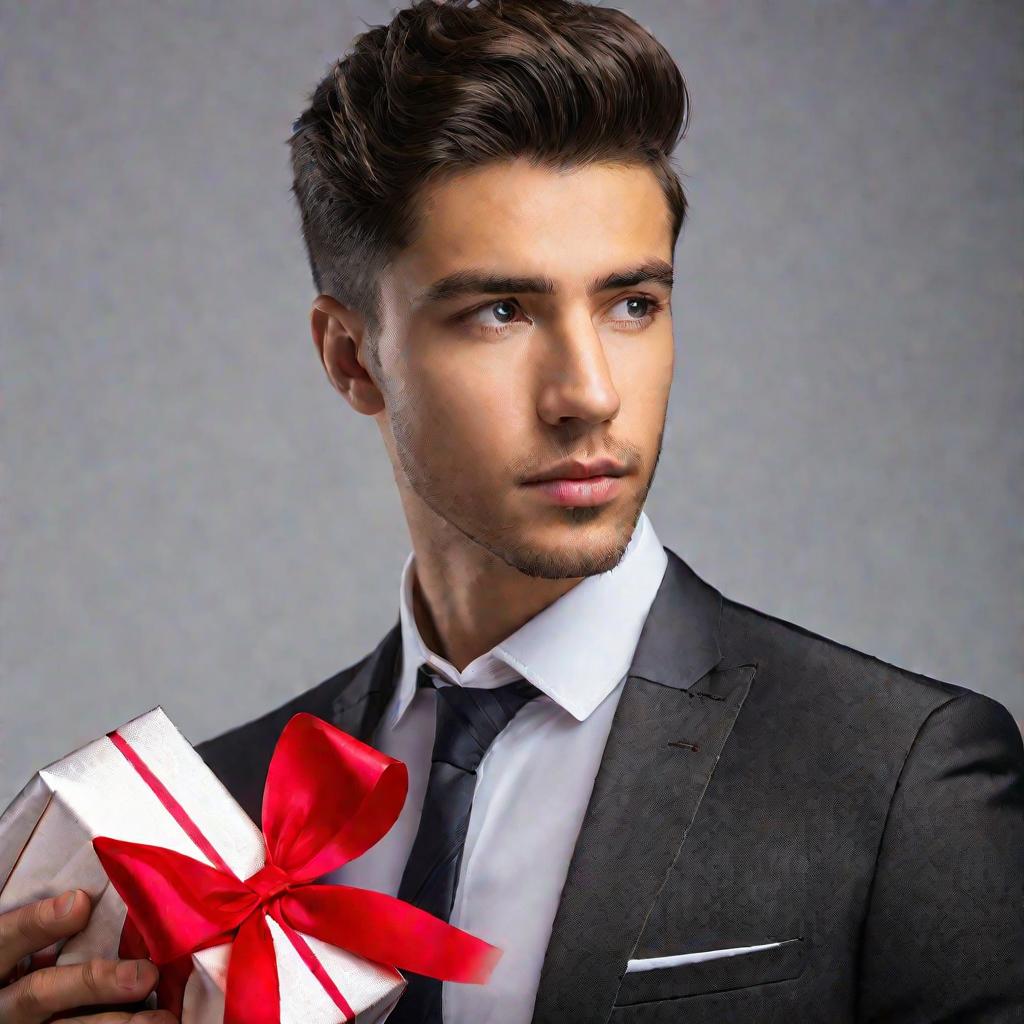 Молодой человек в костюме держит подарочный пакет с красным бантом, задумчиво глядя вдаль и размышляя о идеальном подарке коллеге на день рождения