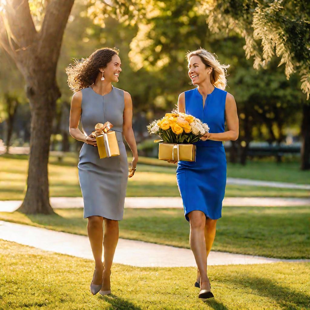 Две женщины-коллеги в парке несут подарок и цветы, направляясь в офис, чтобы поздравить другую коллегу с днем рождения