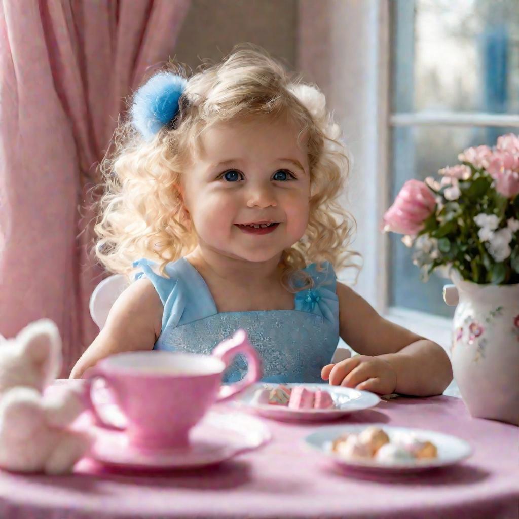 Девочка два года в платье принцессы играет с игрушками за столиком