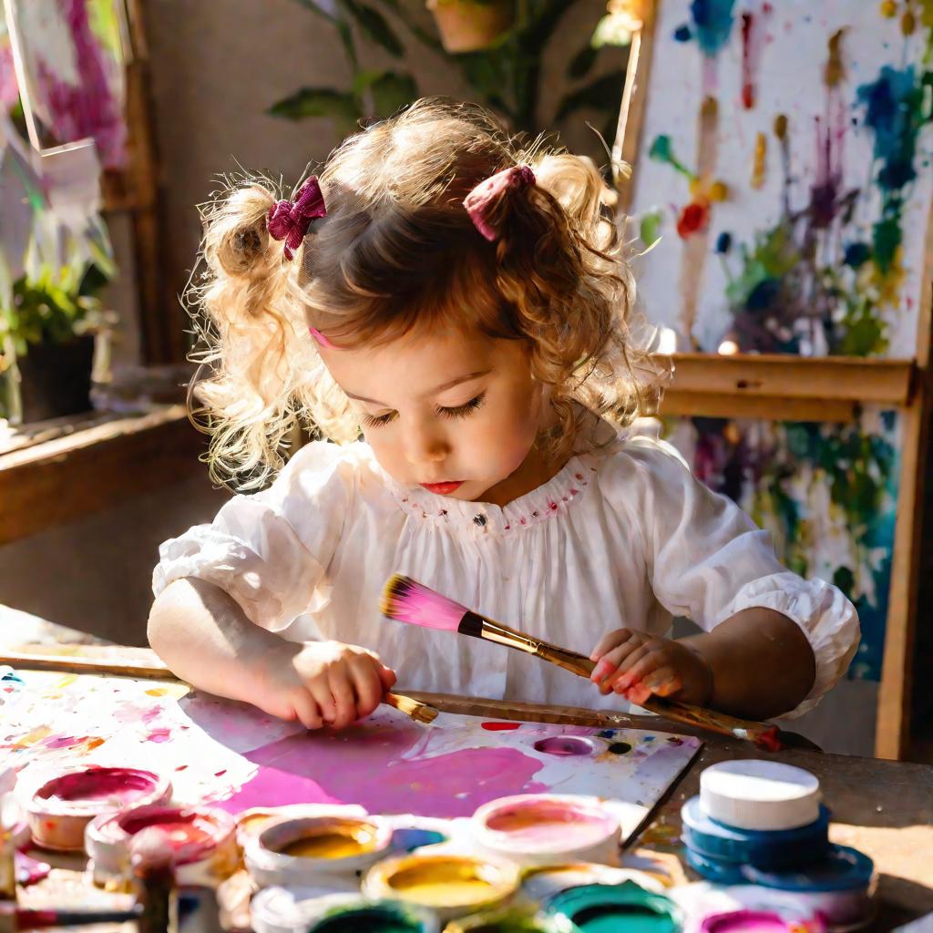Девочка рисует красками за мольбертом