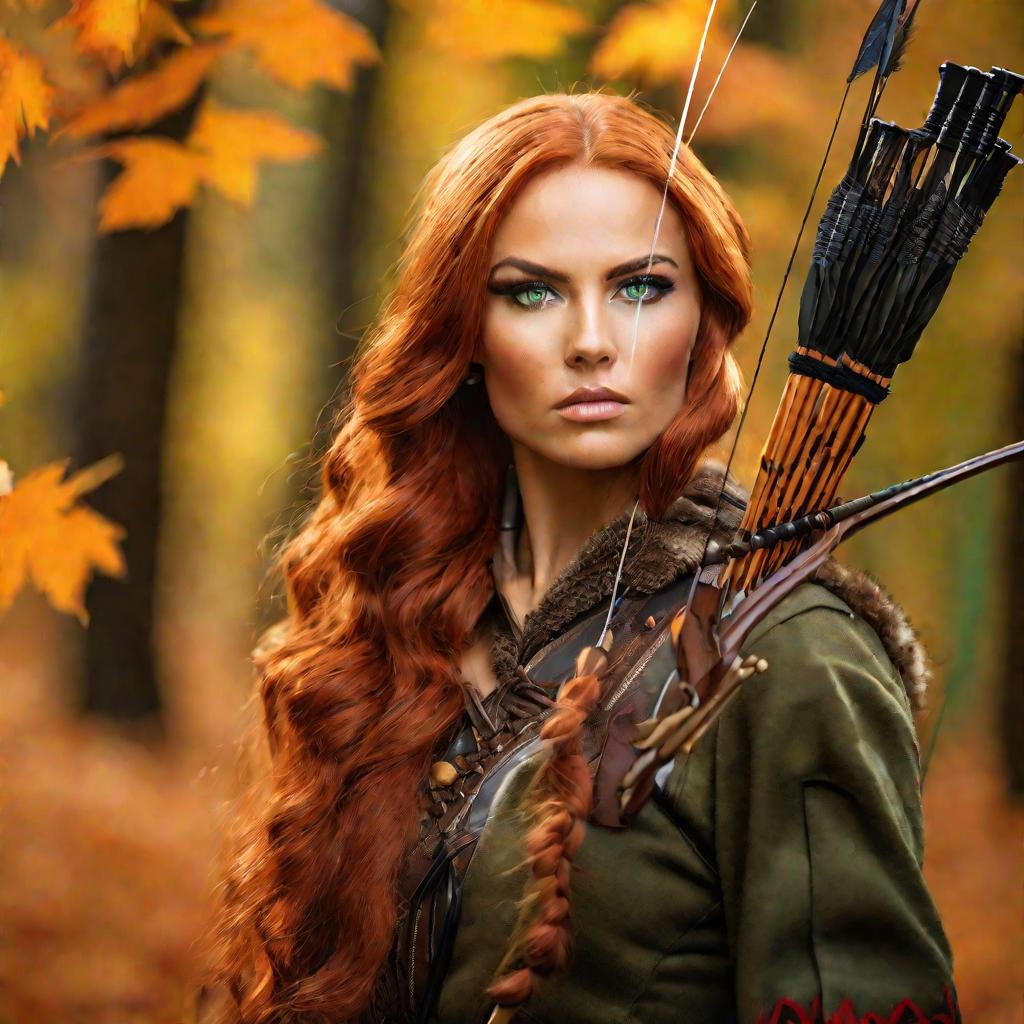 Женщина-охотник с луком осенью в лесу