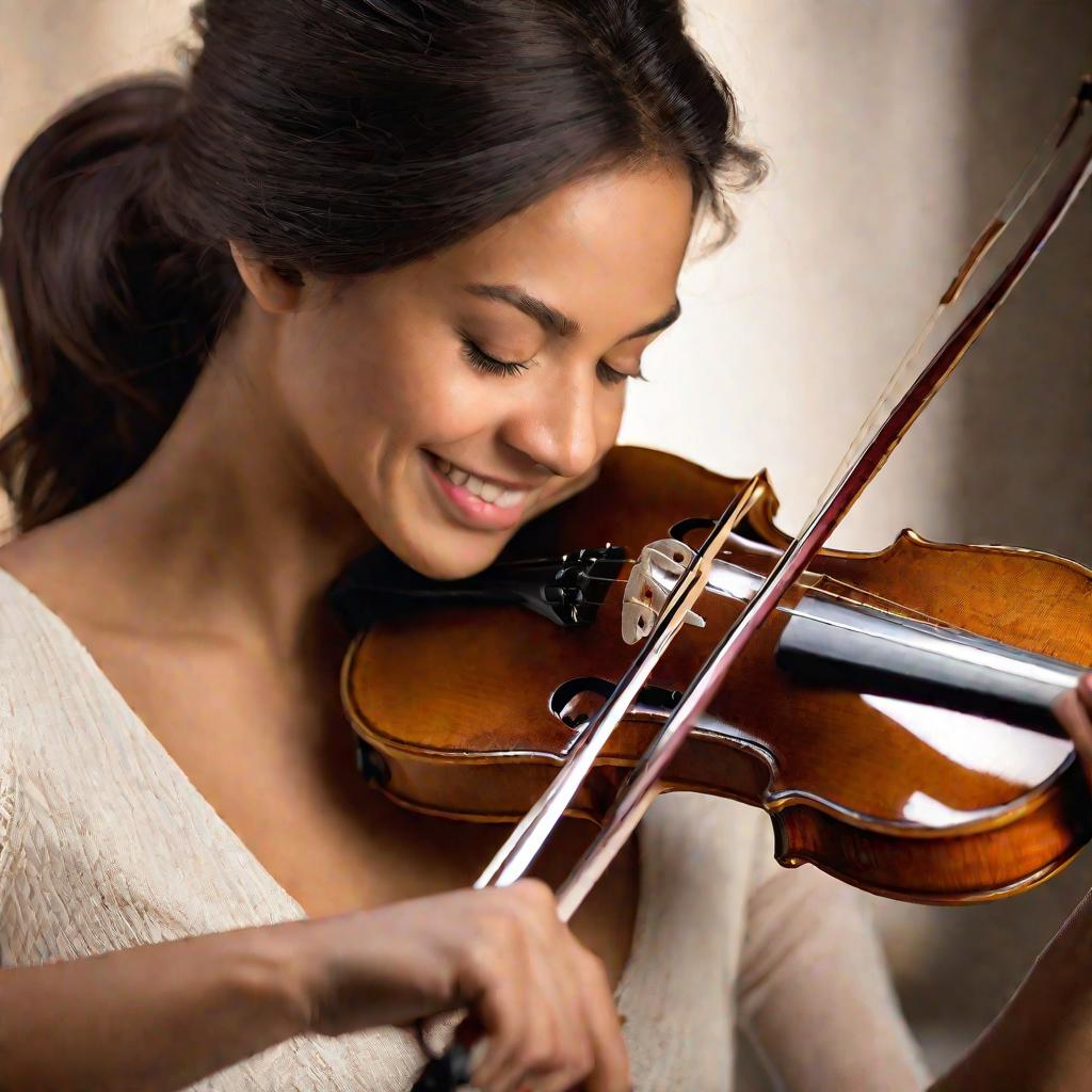 Скрипачка играет по нотам с закрытыми глазами
