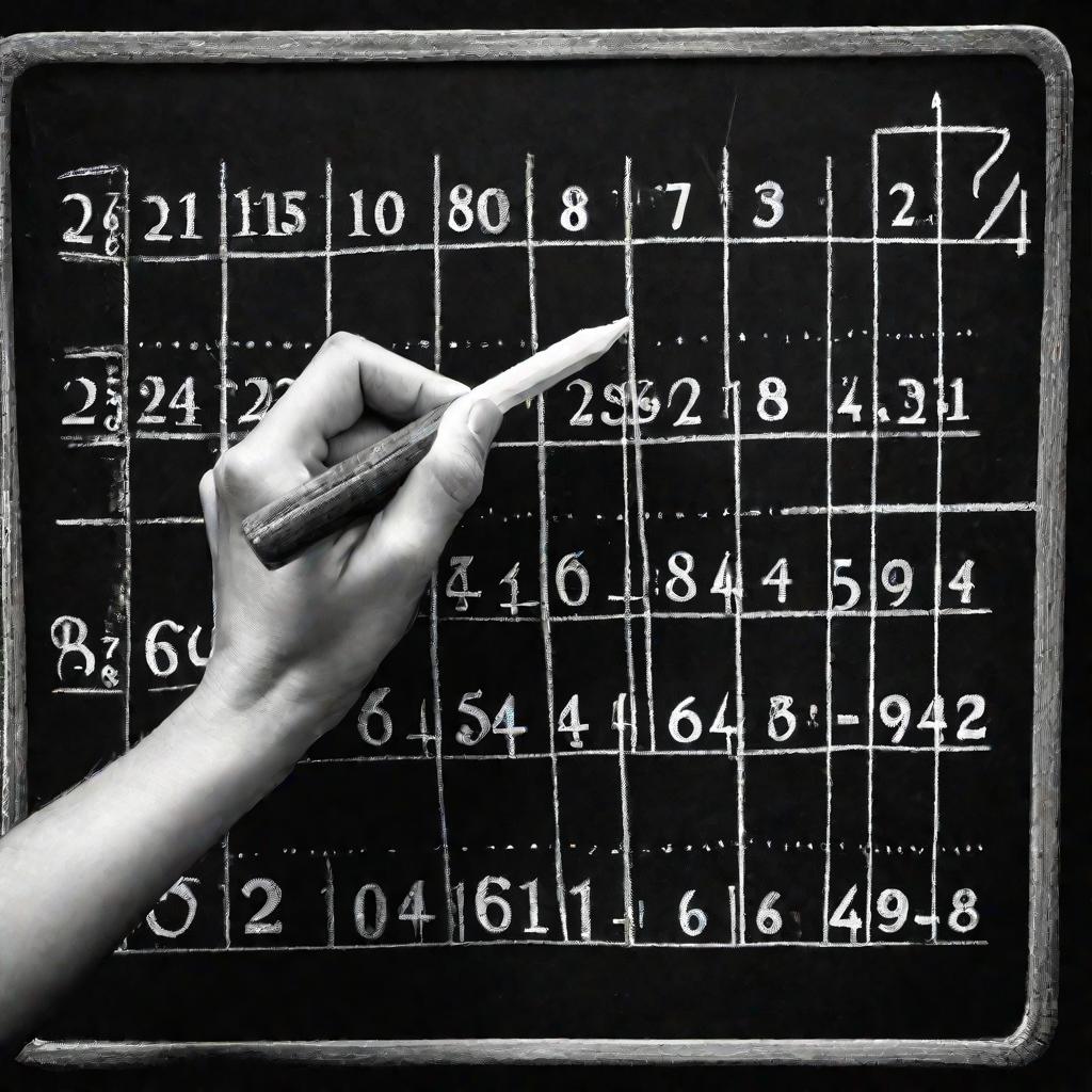 Рука пишет мелом деление шестизначного числа на однозначное на классной доске