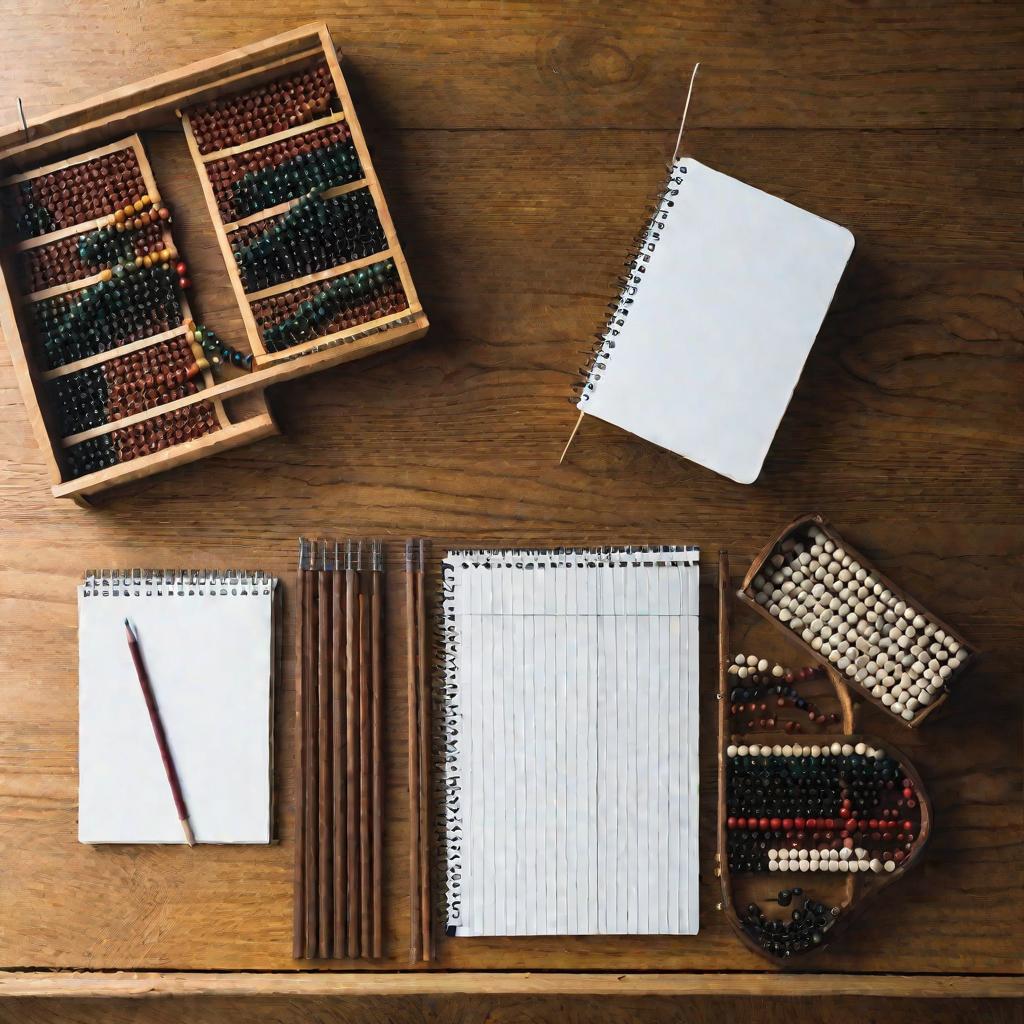 Тетради, карандаши и счеты для изображения деления многозначного числа на столе