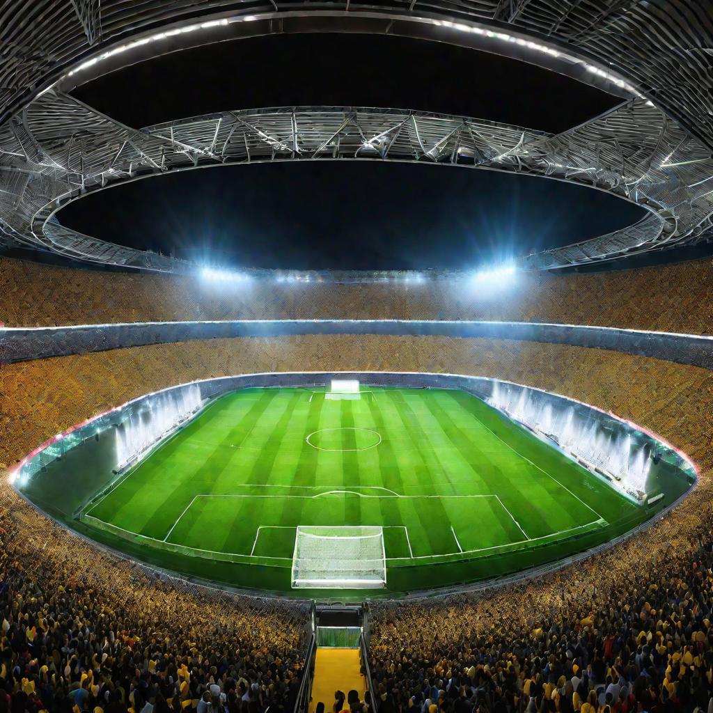 Панорамный вид большого стадиона, полностью заполненного болельщиками во время вечернего футбольного матча. Трибуны стадиона разделены на сектора разных цветов