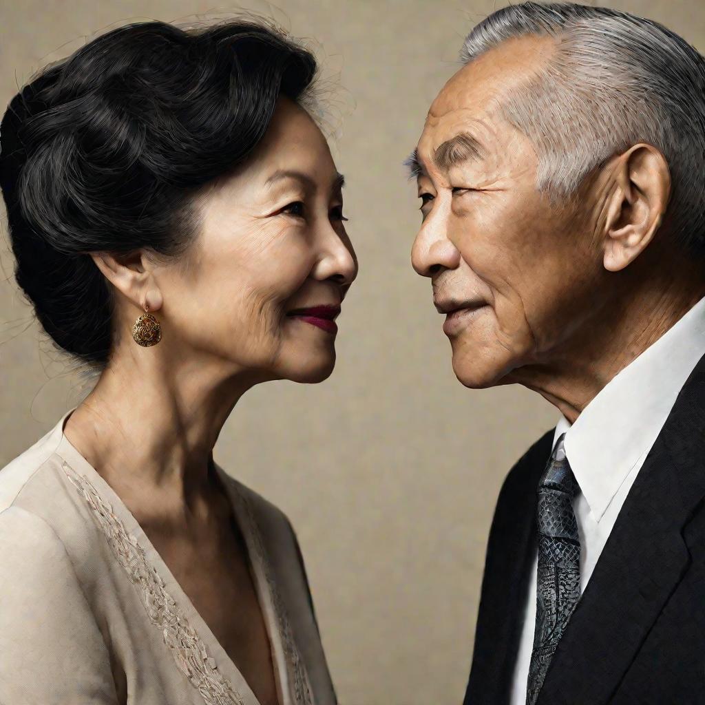 Пожилые супруги разных рас смотрят друг на друга с любовью